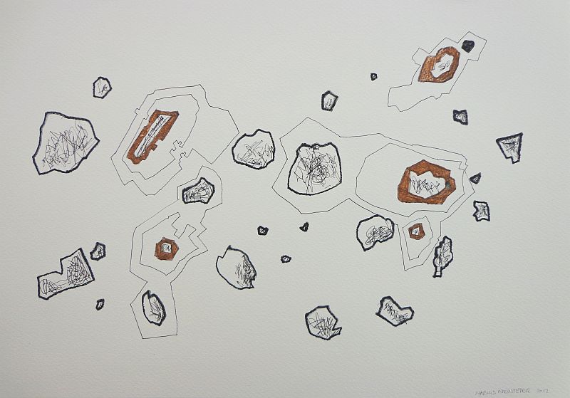 Click the image for a view of: Out there: space junk, tardigrades and asteroid mining 7. 2012. Pen and ink, watercolour. 295X420mm